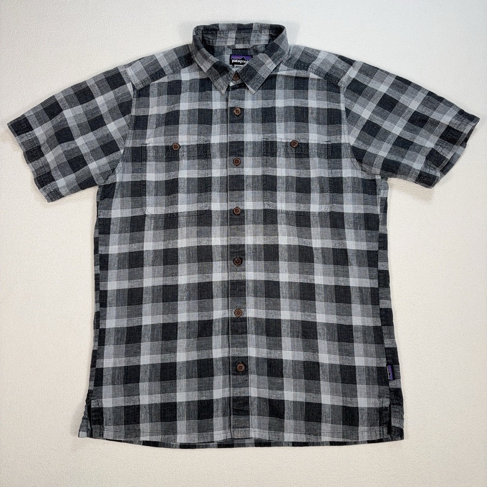 Patagonia Migration Hemp Shirt Men's S Gray Check Organic Cotton Button Up 53138
